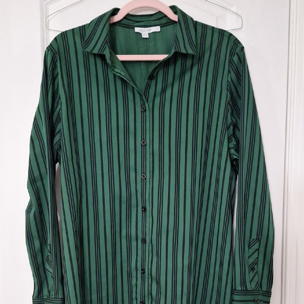 Chico's Green and Black Striped Button Down Shirt